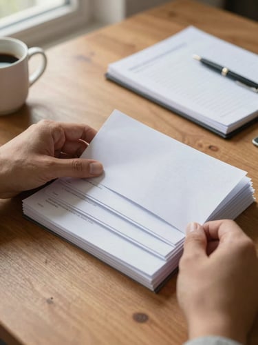 Close-up detail of hands organizing tabbed documents and a legal notepad on a warm wood desk, natural window light from the left, a ceramic coffee mug visible in the corner