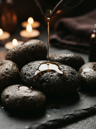 Close-up of warm oil trickling onto basalt stones, soft candlelight, low-key ambient glow, shallow depth of field, 35mm