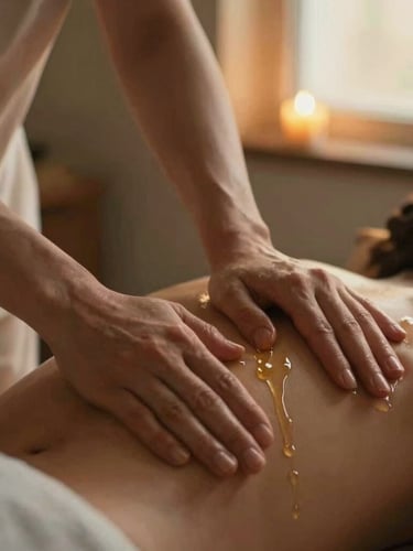 Close-up editorial photography of hands performing a relaxing massage, warm oil trickling, soft golden-hour window light, shallow depth of field.