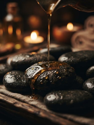 Close-up of warm massage oil trickling onto basalt stones, low-key ambient golden glow, shallow depth of field, 35mm