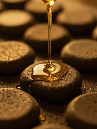 Close-up of warm oil trickling onto resting basalt stones under glowing golden ambient light, shallow depth of field
