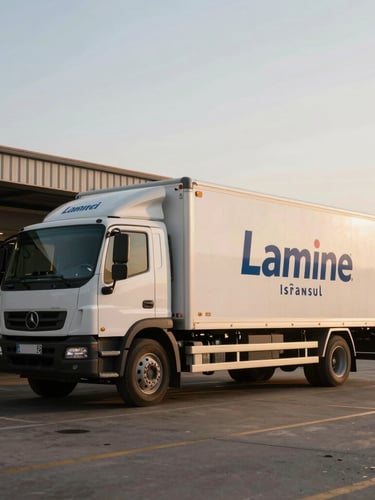 A professional cold-chain delivery truck with Lamine İstanbul branding, parked at a loading dock in Istanbul, early morning light, emphasizing reliability and efficiency, wide shot.