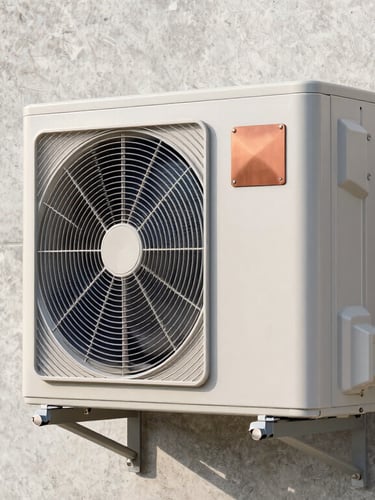 A modern outdoor heat pump unit neatly installed against a light gray concrete wall, crisp natural daylight, clean architectural lines, high detail