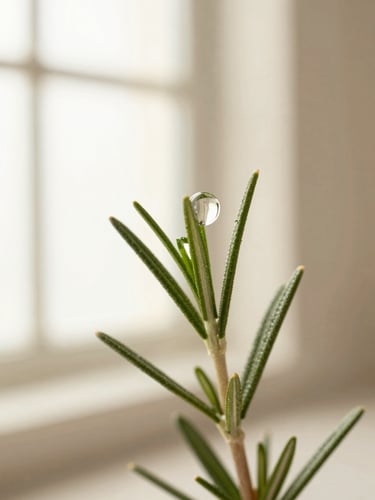 Macro photograph of pure rosemary oil droplets suspended in water, soft diffused window light, warm ivory tones, shallow depth of field