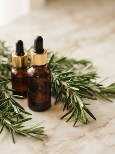 Macro shot of raw rosemary sprigs and amber glass dropper bottles on a warm ivory marble surface, soft diffused window light, elegant editorial composition, shallow depth of field.