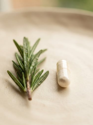 Close-up, vertical composition of two distinct botanical ingredients (e.g., rosemary sprig and a collagen peptide capsule) side-by-side on a warm ivory surface, soft diffused window light, shallow depth of field, plenty of negative space.