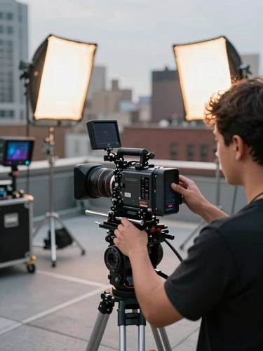Over-the-shoulder view of a camera operator adjusting a cinema rig on a NYC rooftop set, studio strobes casting hard directional light, production monitors and grip equipment visible in the background, wide environmental frame