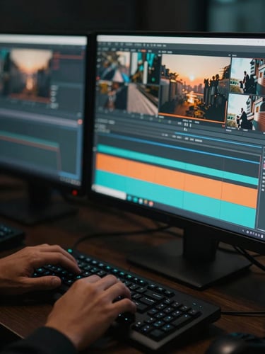 Close-up of hands color-grading footage on a professional monitor in a darkened edit bay, the screen casting orange and teal light across the keyboard, multiple reference windows open, fast-paced working environment
