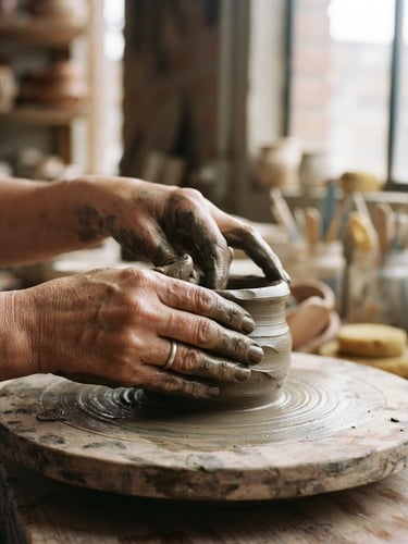 An intimate close-up of hands handling raw clay in a quiet corner of a sunlit Bogotá ceramic atelier, soft diffused daylight, warm editorial photography, 35mm film, shallow depth of field.