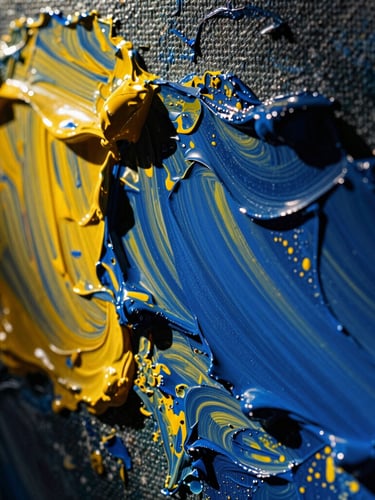 Extreme macro close-up of thick, layered oil paint on canvas, showing the heavy ridges of cobalt blue and zinc yellow impasto, dramatic side lighting casting deep shadows in the paint grooves.