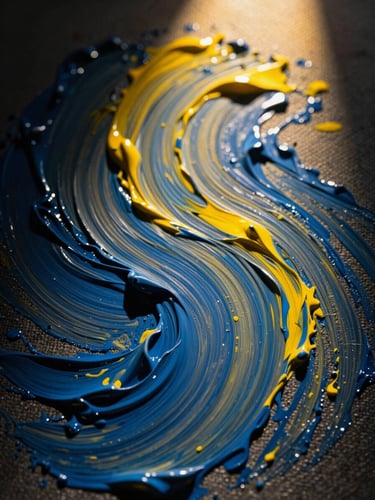 Macro close-up of thick, swirling blue and yellow oil paint brushstrokes on canvas, dramatic spotlighting, deep shadows.