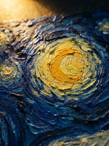 Dramatic chiaroscuro macro crop of Vincent van Gogh's Starry Night, focusing on the thick impasto of the swirling yellow stars and deep cobalt blue sky, rich canvas texture under a warm spotlight.