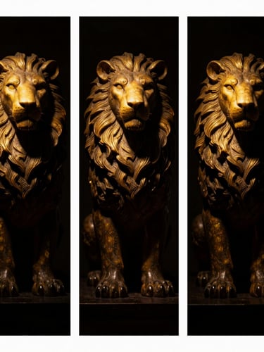 Macro photography of the triptych's right panel, a towering hybrid beast in deep shadows, illuminated by a single warm golden spotlight