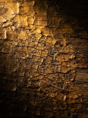 Extreme close-up of aged oil paint crackle on oak panel, warm golden spotlighting, dramatic chiaroscuro, deep shadows