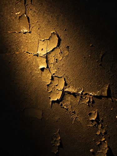 Dramatic chiaroscuro macro photograph of aged oil paint texture on canvas, deep shadows, warm golden spotlighting revealing cracked paint layers, high contrast, 35mm.