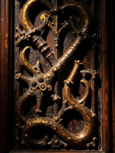 Intricate macro detail of a medieval triptych panel, bizarre organic shapes, dark rich pigments under a single warm beam of light.