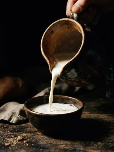 Dramatic chiaroscuro photograph of a Vermeer-inspired interior, a single high-contrast spotlight illuminating a rustic ceramic pitcher pouring milk, deep shadows, rich dark textures, macro lens, 35mm.