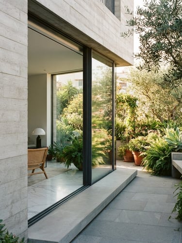 Architectural close-up of a modern luxury concrete facade transitioning to a lush outdoor terrace, warm natural daylight, clean minimalist lines, 35mm lens