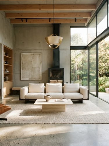 Warm architectural photography of a sun-drenched luxury living room, polished concrete floor, minimalist furniture, high ceiling, 35mm lens