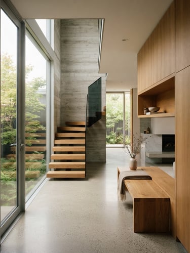 Fotografía arquitectónica de un espacio interior minimalista y luminoso, paredes de concreto pulido, detalles de madera noble y luz natural difusa.