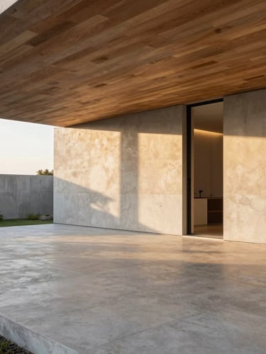 Sleek modern bioclimatic pergola over a luxury concrete terrace, natural wood ceiling accents, warm sunset light filtering through louvers, high-end editorial