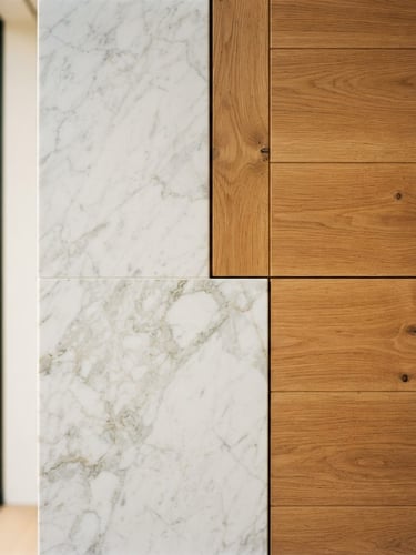 Close-up of premium materials, white marble and natural oak wood grain, natural sunlight, architectural detail, minimalist interior, warm architectural photography