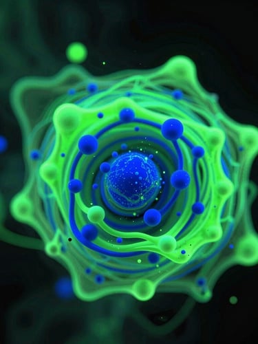 Extreme close-up of a WebGL fluid simulation, glowing neon green and deep blue particles swirling in a black void, high contrast, dramatic screen-glow