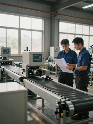 Wide environmental shot of a manufacturing floor showing installed conveyor automation system mid-implementation, two technicians reviewing printed schematics against live equipment, morning sidelight through warehouse windows, realistic plant environment