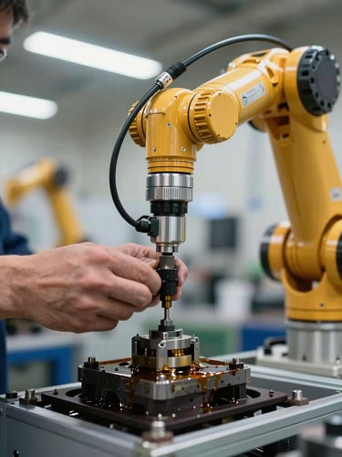 Close-up of a robotic arm integration point being connected to a production line in an actual plant, technician's hands visible tightening a mechanical fitting, overhead fluorescent industrial lighting, oil and metal surface detail