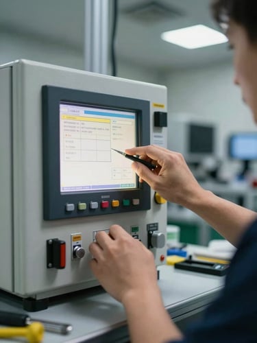Close-up of a technician's hands calibrating a control panel interface inside an active manufacturing cell, illuminated by task lighting on the panel screen, overhead industrial fixtures in background, tools visible on the work surface, no faces, purely utilitarian framing
