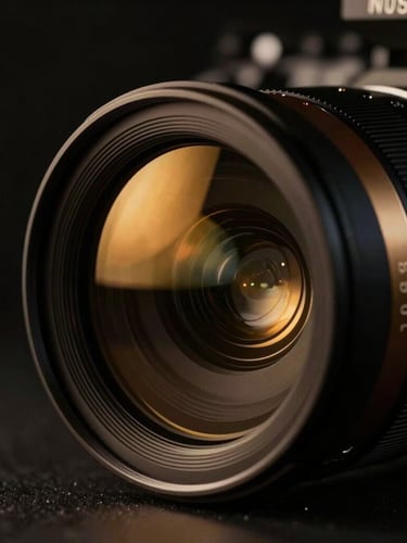 Cinematic close-up of a high-end anamorphic camera lens, dark dramatic chiaroscuro lighting, warm gold reflections on glass, premium studio environment, shallow depth of field.