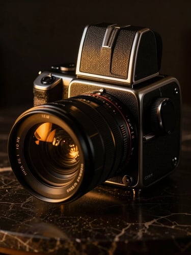 Moody close-up of a high-end medium format camera on a dark marble table, warm golden light reflecting on the lens, premium editorial aesthetic.