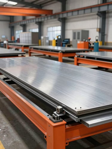 Low-angle industrial photography of a modern metal fabrication factory floor in Mossoró, bright natural workshop daylight, steel sheets and orange machinery, sharp focus