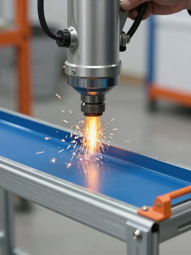 Close-up of industrial electrostatic powder coating process on a steel shelving unit, bright orange sparks and blue metal surface, professional workshop lighting, sharp focus