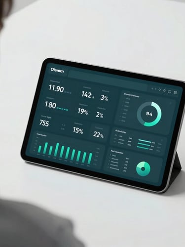 A clean over-the-shoulder shot of a professional analyzing a minimalist slate and teal data dashboard on a modern tablet, crisp cool studio lighting.
