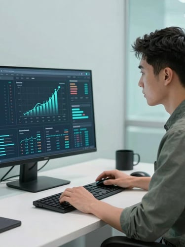 Focused professional in a clean modern workspace looking at a data dashboard, cool crisp studio lighting, digital teal accents, sharp focus, 35mm lens