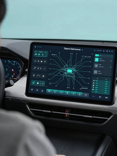 An over-the-shoulder shot of a modern dashboard showing talent mapping data pathways, crisp cool studio lighting, slate and teal tones, sharp focus, 35mm lens