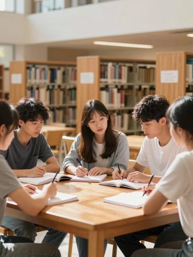 Bright editorial photography of high school students collaborating around a wooden table in a sunlit modern library, warm oak tones, natural daylight, 35mm.
