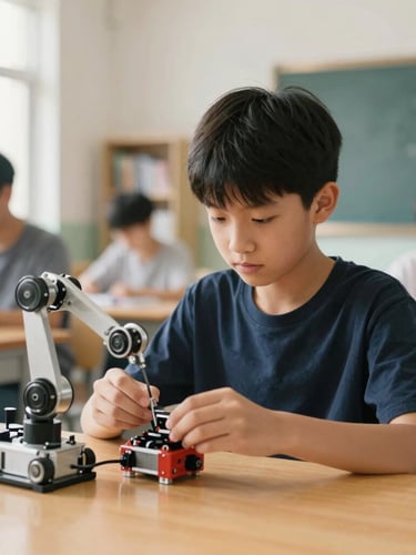 Medium environmental portrait of a young student focused on assembling a small robotic arm in a warm oak-toned workshop, soft daylight, shallow depth of field