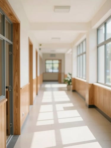 Bright editorial photography of a modern school corridor with warm oak wood accents, natural daylight streaming through high windows, soft focused depth of field.