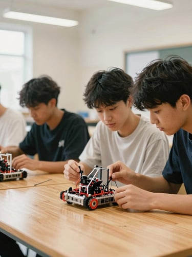Bright editorial photography of high school students collaborating on a robotics project in a sunlit modern workshop, warm oak tables, shallow depth of field, authentic 35mm style