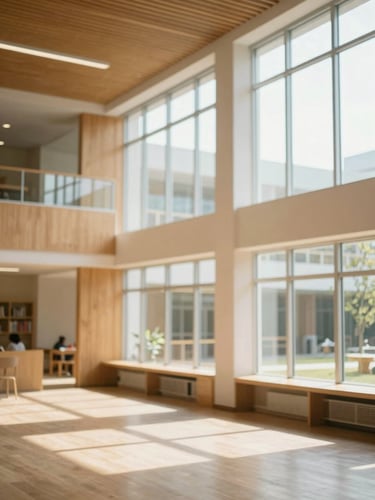 Bright architectural photography of a modern school atrium with high ceilings, glass walls, warm oak wood panels, and natural sunlight streaming in, 35mm.