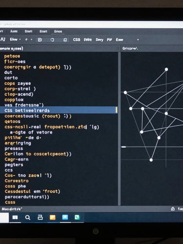 Top-down orthographic view of a clean code editor window displaying structured CSS grid layout values next to a vector design canvas with precise anchor points, high-contrast cool studio lighting.