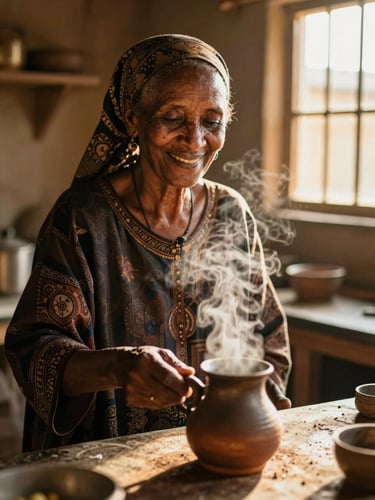 Warm editorial portrait of an Eritrean grandmother smiling in a sunlit kitchen, steam rising from a fresh clay coffee pot, golden-hour window light, shallow depth of field, 35mm