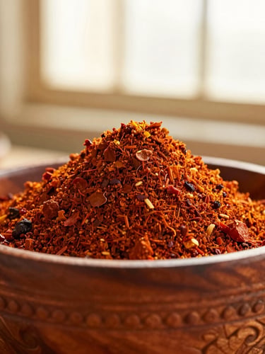 Close-up of vibrant sun-dried berbere spice blend in a hand-carved wooden bowl, soft golden-hour window light, rich terracotta tones, shallow depth of field, 35mm