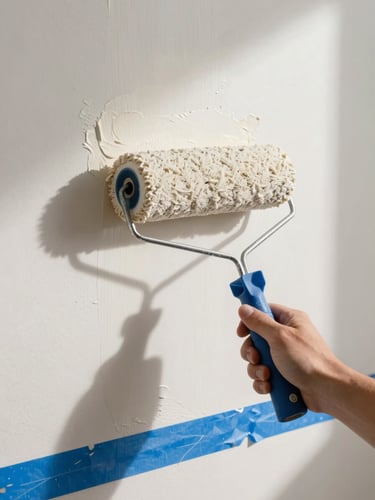 Close-up of a painter's hand rolling a smooth coat of off-white paint onto a freshly primed interior wall, natural north-facing light, roller texture visible mid-stroke, protected baseboard trim below with blue painter's tape