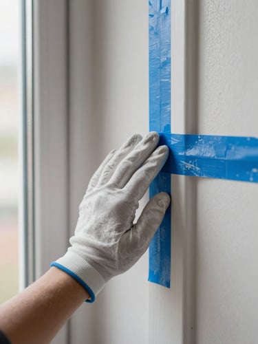Close-up straight-on shot of a painter's gloved hand pressing blue masking tape along a door trim edge, freshly painted wall surface visible behind, soft natural window light from the left, sharp tape line in focus