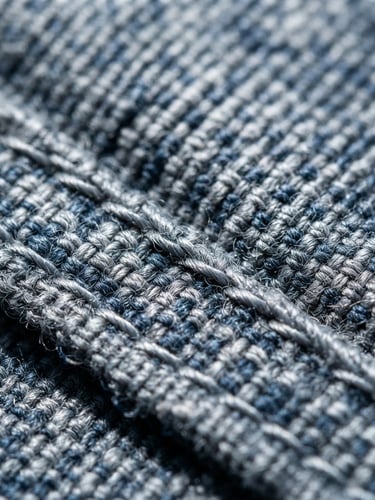 Macro shot of durable organic cotton fabric weave with clean, high-contrast studio lighting, cool grey tones, highlighting precise stitching and texture.