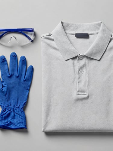 Neatly arranged PPE flat lay containing safety glasses, gloves, and a folded organic pique cotton polo shirt on a cool grey surface, crisp studio lighting.