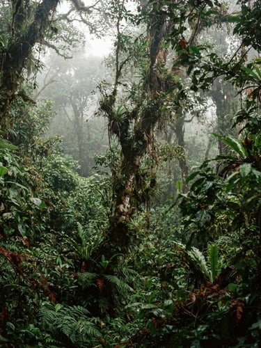 Atmospheric editorial photography of misty Bwindi Impenetrable Forest canopy, soft overcast light, deep forest green tones, 35mm film style.